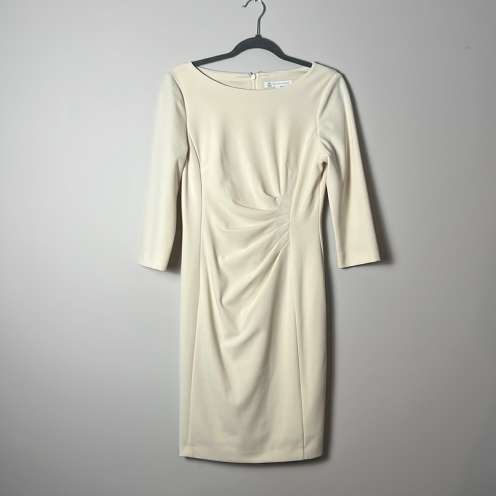 Preston & York size 8 cream ruched waist dress 3/4 sleeve knee length dress